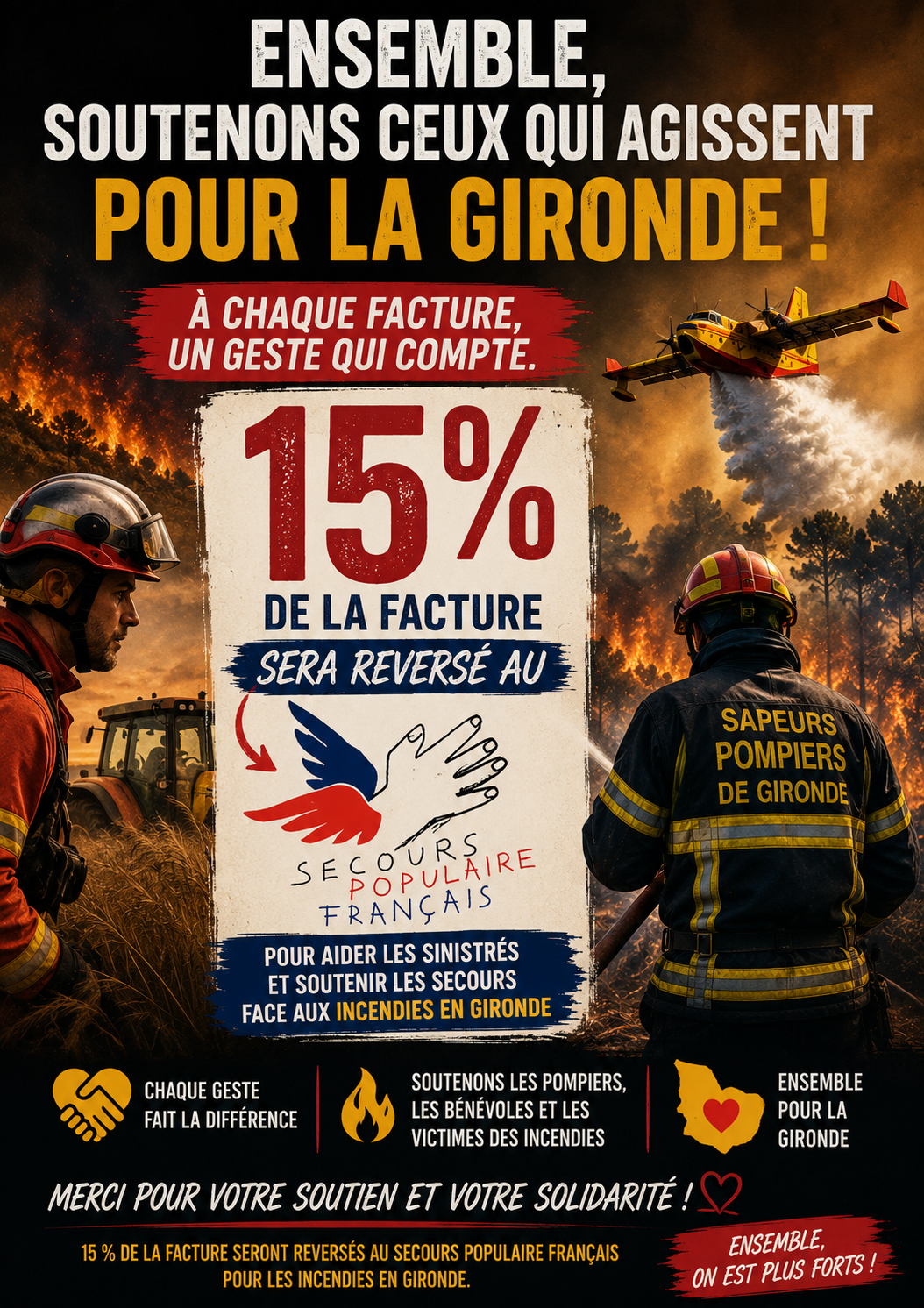 Accueil Ensemble, soutenons ceux qui agissent pour la Gironde – 15% de la facture reversé au Secours Populaire Français