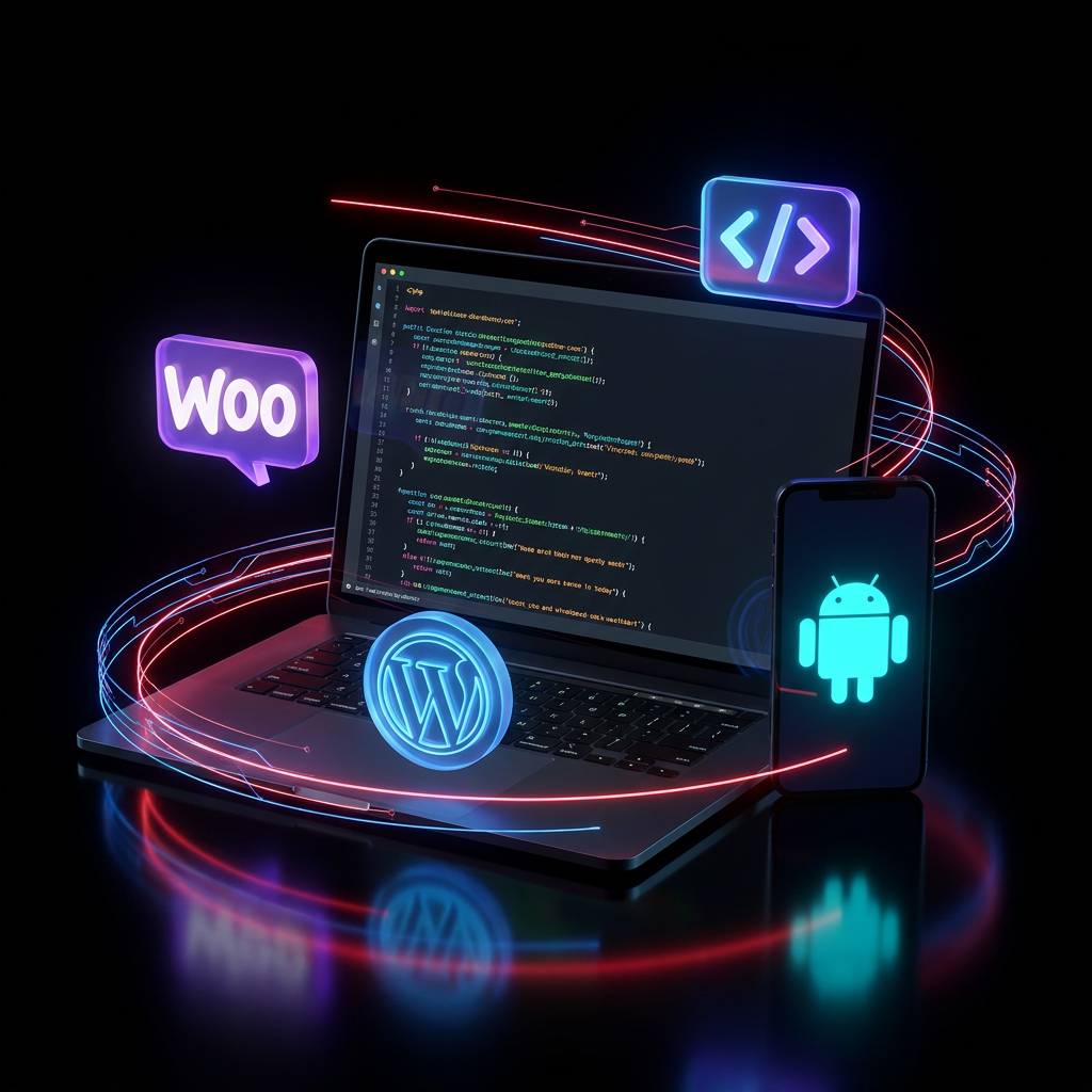 Développeur Web et Applications Android - laptop et smartphone fond noir